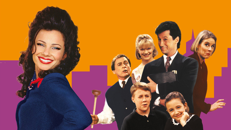 Fran Fine (Fran Drescher), C.C. Babcock (Lauren Lane), Maxwell Sheffield (Charles Shaughnessy), Niles (Daniel Davis), Brighton Sheffield (Benjamin Salisbury), Grace Sheffield (Madeline Zima), and Maggie Sheffield (Nicholle Tom), all from The Nanny