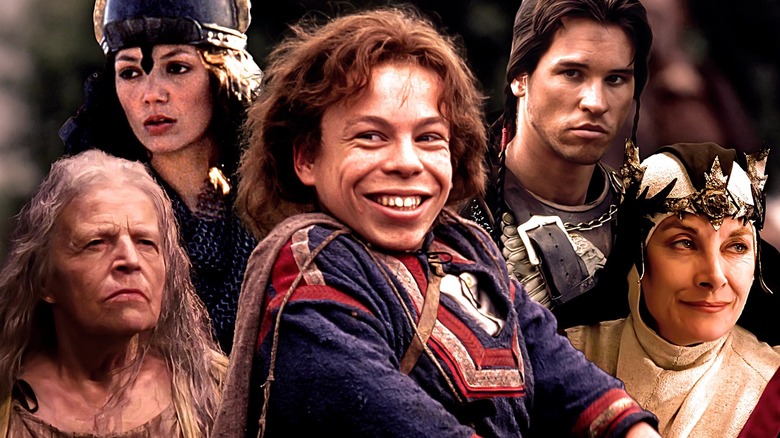 A collage of the main characters of Willow: Patricia Hayes as Fin Raziel, Joanne Whalley as Sorsha, Warwick Davis as Willow, Val Kilmer as Madmartigan, and Jean Marsh as Bavmorda