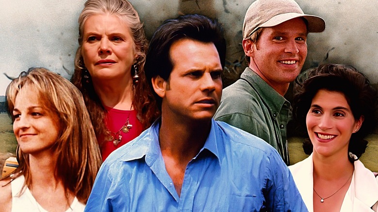 A composite image showing Helen Hunt as Jo, Lois Smith as Meg, Bill Paxton as Bill, Cary Elwes as Jonas, and Jami Gertz as Melissa, in front of the twister from Twister