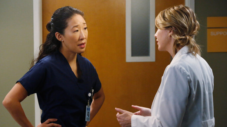 Cristina and Meredith talking in the hospital on Grey's Anatomy