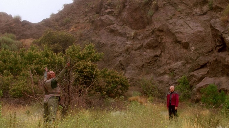 Captain Dathon and Captain Picard in a glade on Star Trek: The Next Generation