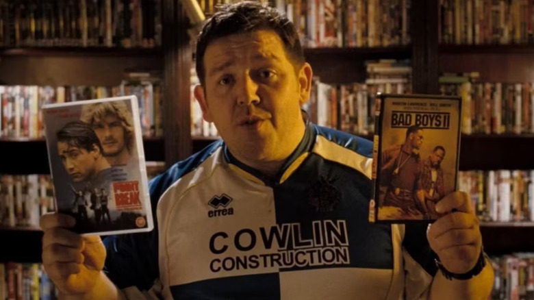 Danny Butterman pulls out two of his favorite discs in his collection in Hot Fuzz