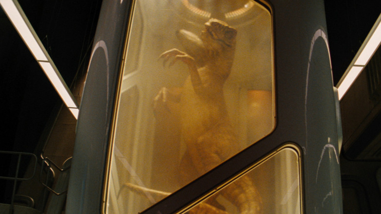 A raptor in a cryo tube in a research laboratory in Jurassic World Rebirth