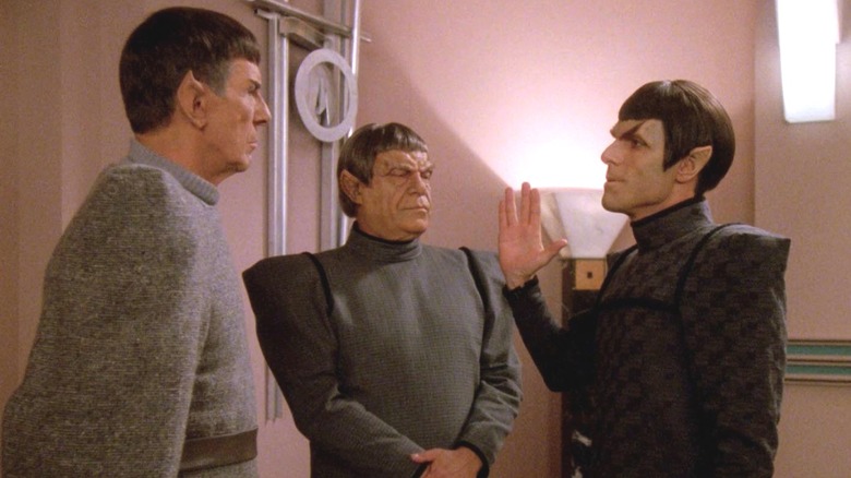 Two Romulans greeting Spock on Star Trek: The Next Generation
