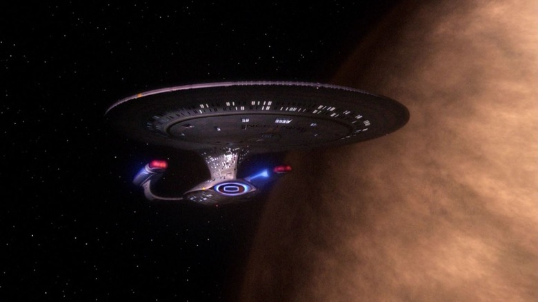 A glory shot of the USS Enterprise-D on Star Trek: The Next Generation