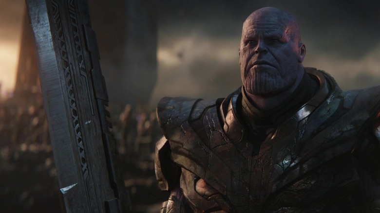 Thanos with his sword on the battlefield in Avengers: Endgame