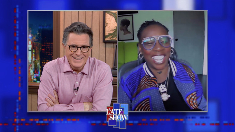 Gina Yahsere on a Zoom call with Stephen Colbert on The Late Show with Stephen Colbert