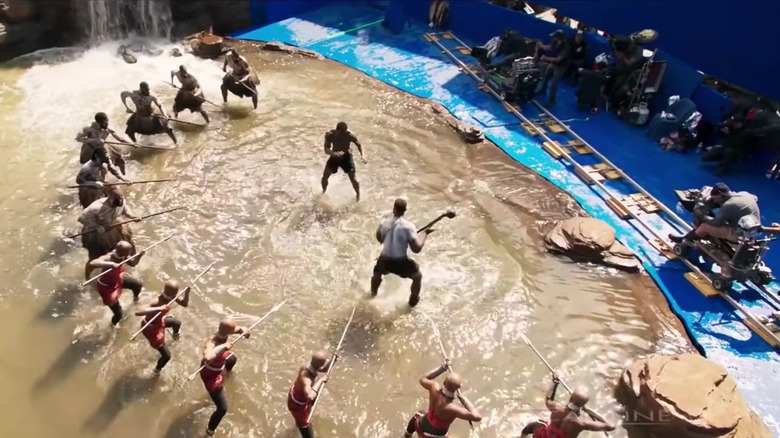Filming Black Panther's Warrior Falls sequence, including blue screen camera equipment