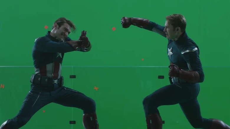 Chris Evans and a body double on a green screen for Avengers: Endgame