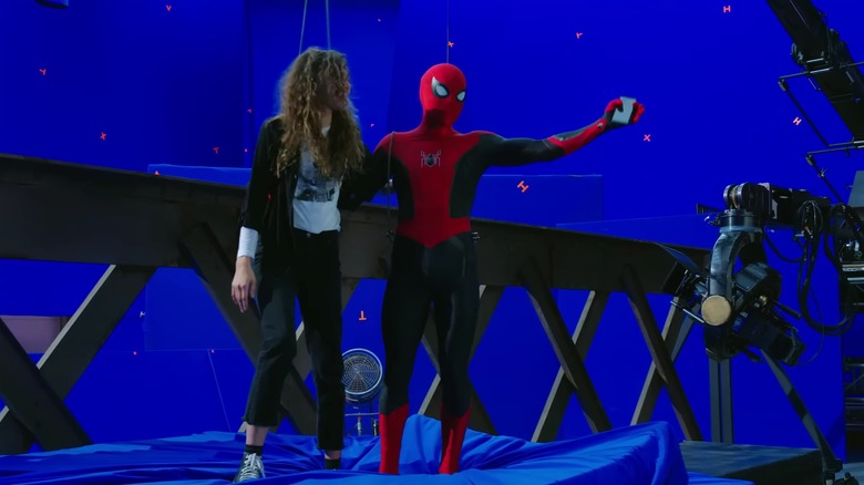 Zendaya and Spider-Man on set of Spider-Man: No Way Home blue screens