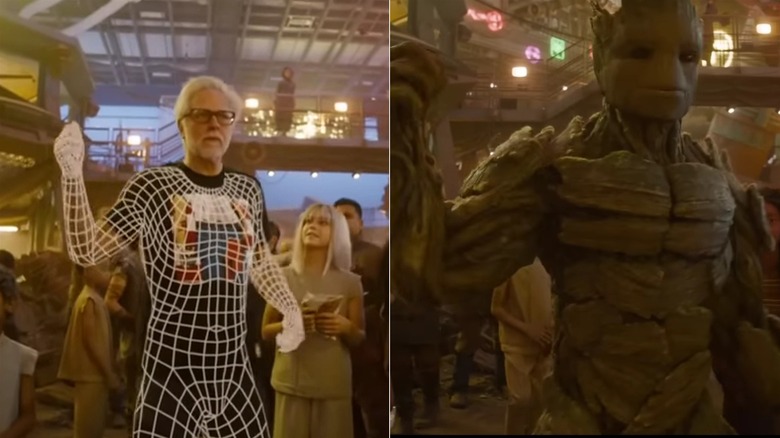 Director James Gunn performing motion-capture as Groot, and Groot