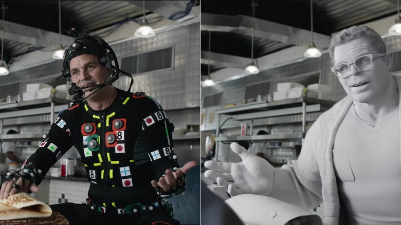 Mark Ruffalo in a mo-cap suit, and an early render of The Hulk