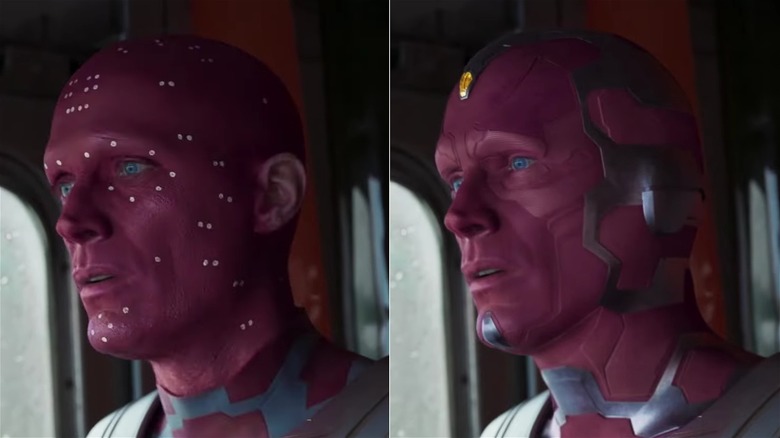 Paul Bettany in purple makeup on set, and the finished Vision