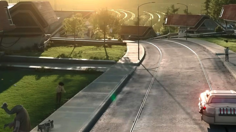 An alien walks a dog in the space suburbs of At Attin in Skeleton Crew