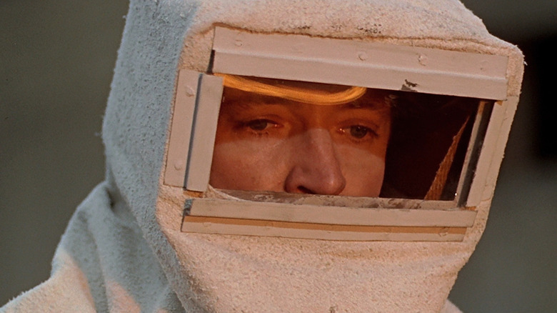 Oskar Werner as Guy Montag wearing a fireproof mask in Fahrenheit 451 (1966)