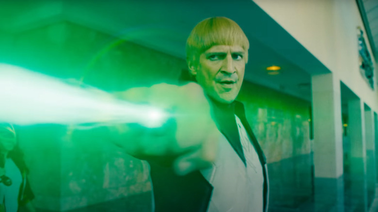 Nathan Fillion's Guy Gardner shooting green energy out of his Green Lantern ring in Superman