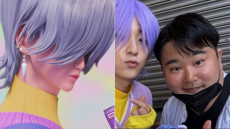 A side by side image of Mystery Saja from KPop Demon Hunters and Alan Lee posing with a fan dressed as Mystery Saja