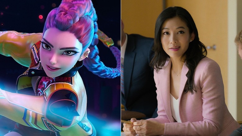 A side by side image of Rumi from KPop Demon Hunters and Arden Cho as Ingrid Yun in Partner Track