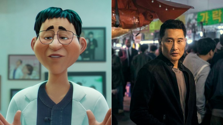 A side by side image of Healer Han from KPop Demon Hunters and Daniel Dae Kim as David Jung on Butterfly