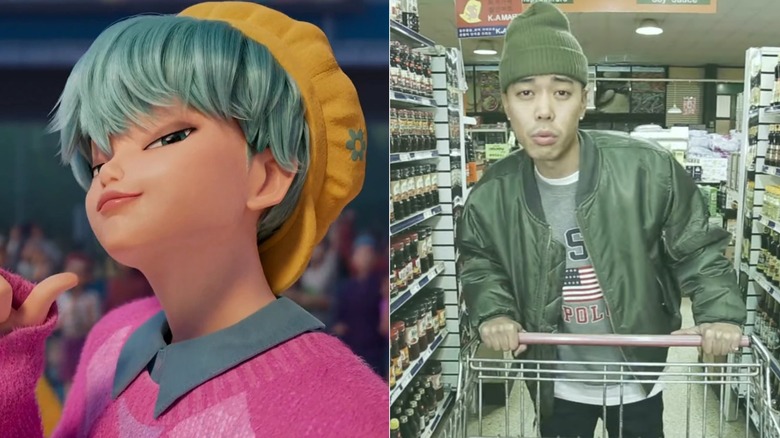 A side by side image of Baby Saja from KPop Demon Hunters and Danny Chung performing in a Decipher music video