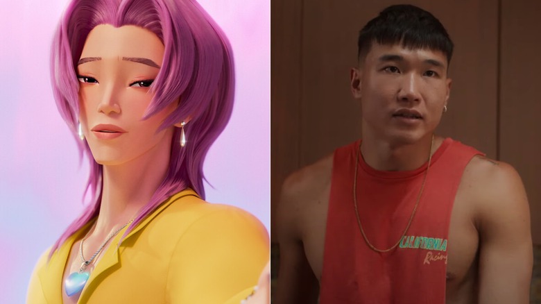 A side by side image of Romance Saja from KPop Demon Hunters and Joel Kim Booster as Noah from Fire Island