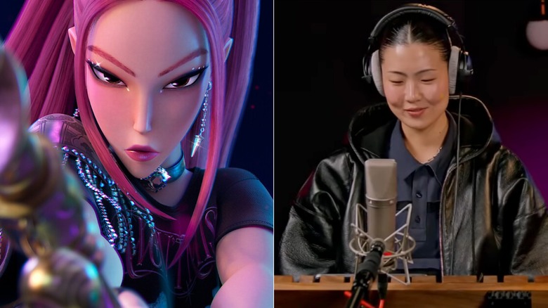 A side by side image of Mira from KPop Demon Hunters and May Hong recording voice lines