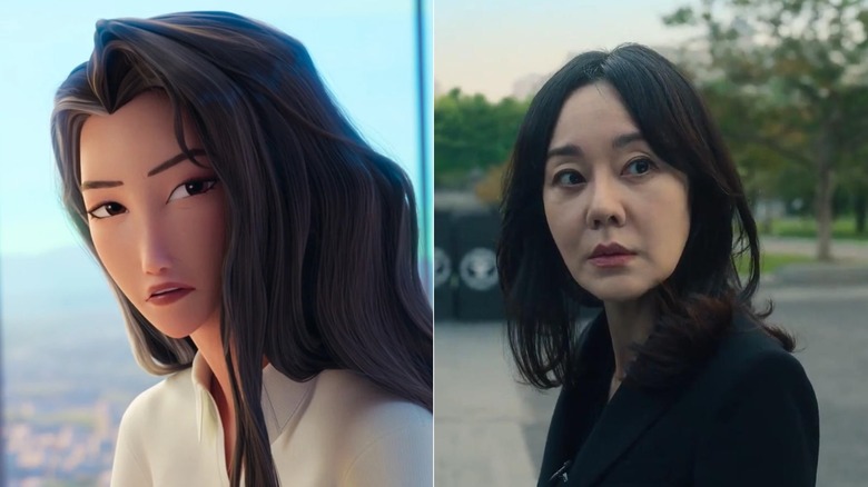 A side by side image of Celine from KPop Demon Hunters and Yunjin Kim as Seon Woo-jin in Money Heist: Korea – Joint Economic Area