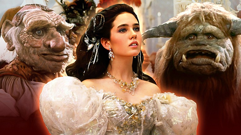 A collage of characters from Labyrinth. Hoggle is on the left, Sarah, in her ballgown, is in the middle, and the sasquatch Ludo is on the right.