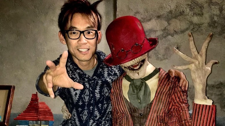 James Wan and Javier Botet on the set of The Conjuring 2