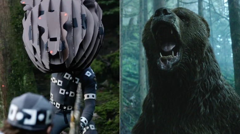 An actor holding big bear head and a digital bear in Rise of the Planet of the Apes