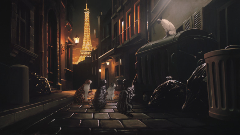 group of animated cats in alleyway