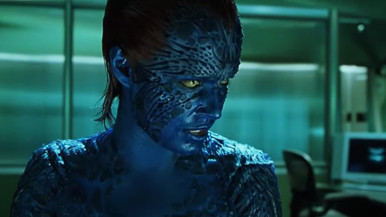 Rebecca Romijn as Mystique in a green computer room in X2