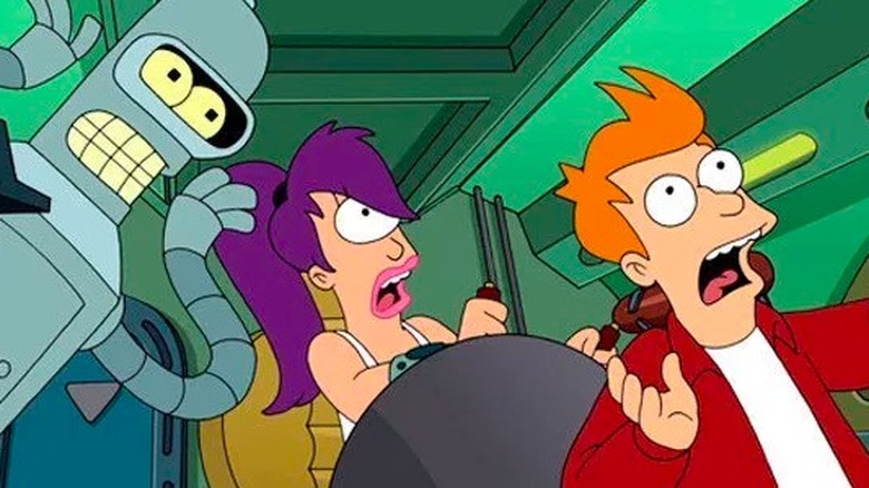 Bender, Leela, and Fry are worried in Futurama