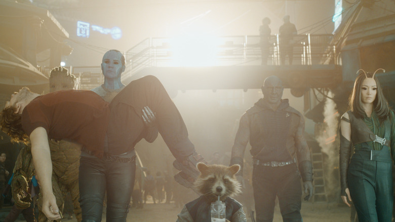 The Guardians of the Galaxy walking out in formation in Knowhere in Guardians of the Galaxy Vol. 3