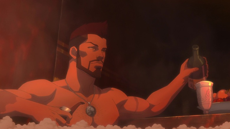 The Witcher Nightmare of the Wolf vesemir pours wine in tub