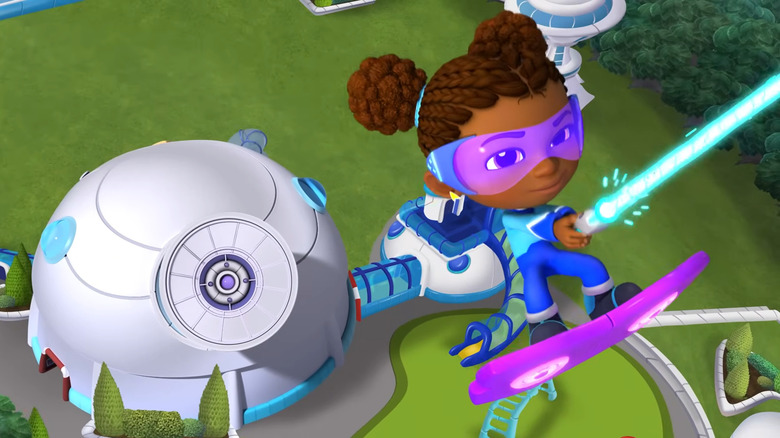 Roo on a hoverboard firing a phaser in Star Trek: Scouts
