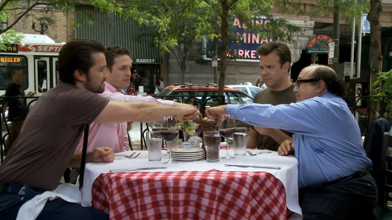 Rob McElhenney as Mac, Glenn Howerton as Dennis, Jason Sudeikis as Schmitty, and Danny DeVito as Frank on It's Always Sunny in Philadelphia