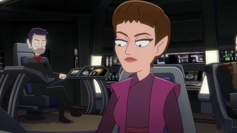 Alternate T'Pol looks disinterested sitting at the bridge in Star Trek: Lower Decks