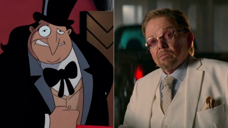 A side by side image of the Penguin and Paul Williams as the Butcher in Baby Driver