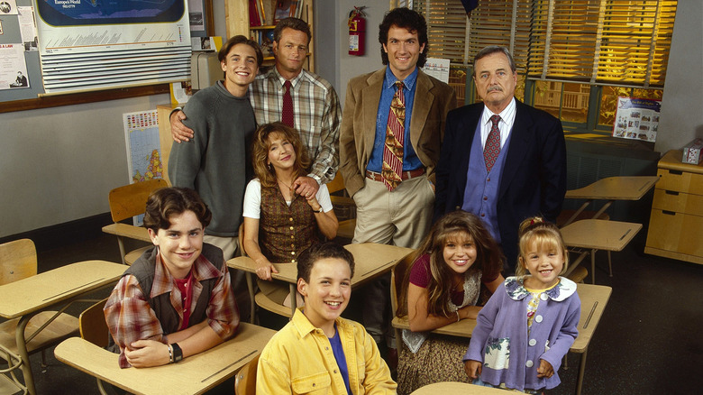Will Friedle, William Russ, Betsy Randle, Anthony Tyler Quinn, William Daniels, Rider Strong, Ben Savage, Danielle Fishel, and Lily Nicksay on the set of Boy Meets World