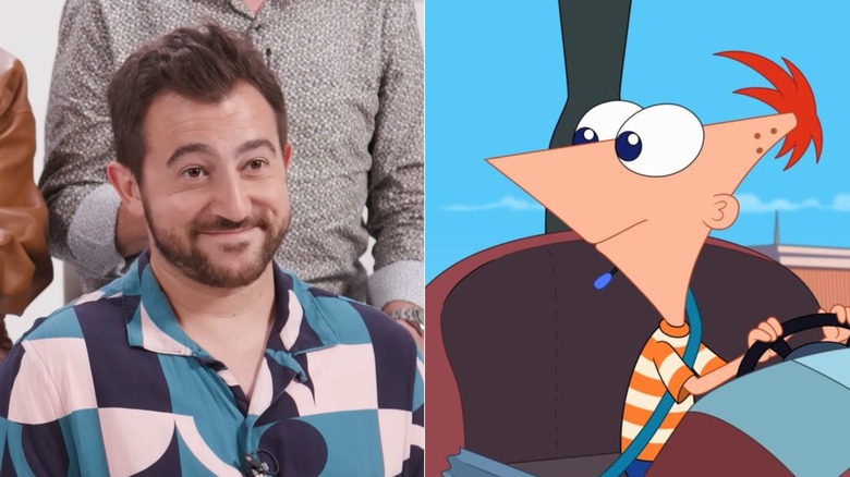 Vincent Martella sitting down for an interview with the cast of Phineas and Ferb, next to an image of his character Phineas