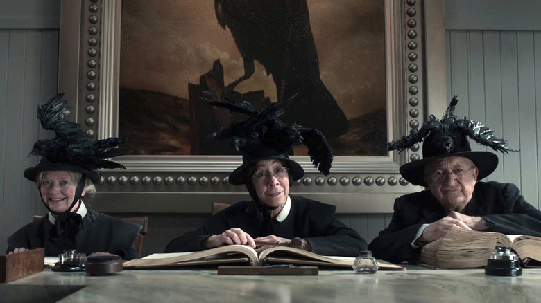Ken Jenkins as Elder Sam, wearing a crow on his hat with the other two Elders in A Series of Unfortunate Events