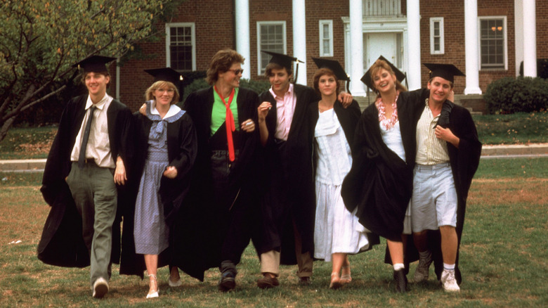 Andrew McCarthy, Mare Winningham, Rob Lowe, Judd Nelson, Ally Sheedy, Demi Moore, and Emilio Estevez graduating in St. Elmo's Fire
