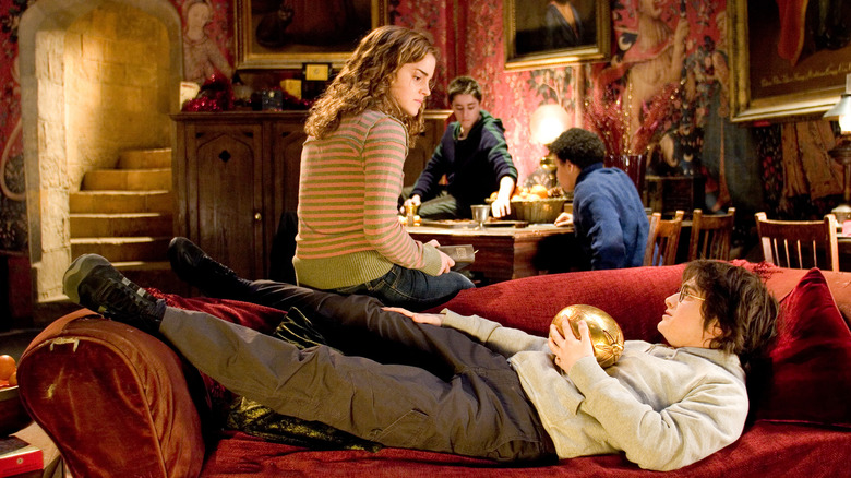 Hermione and Harry in the Gryffindor common room with the golden egg in Harry Potter and the Goblet of Fire