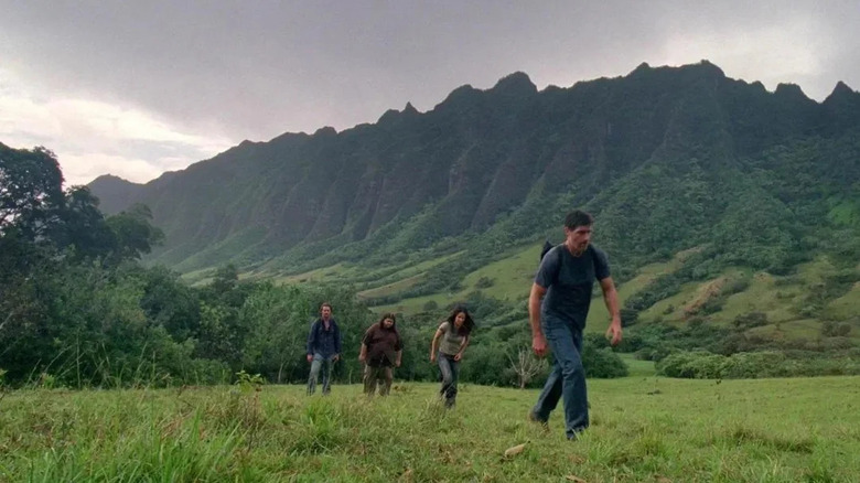 Jack, Kate, Hurley and Sawyer hiking through the jungle in Lost