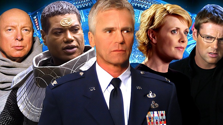 A collage depicting the key characters in Stargate SG-1, including Jack O' Neill and his crew