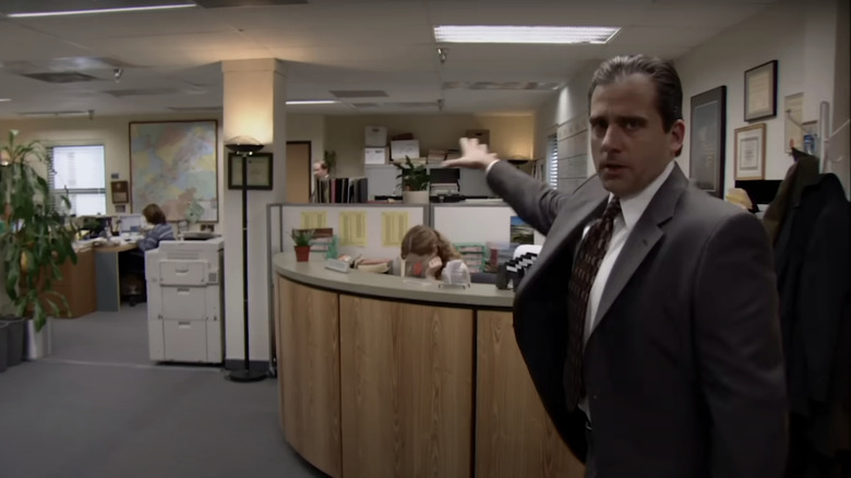 Steve Carrell's Michael Scott leads the camera through a tour of the Dunder Mifflin office in The Office