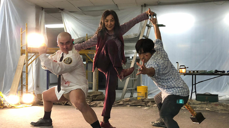 Brian Le, Yeoh, and Andy Le on the set of Everything Everywhere