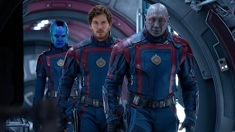 Guardians 3 Nebula, Star-Lord, and Drax 