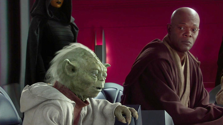 Samuel L. Jackson as Mace Windu looking at Yoda in Star Wars: Attack of the Clones